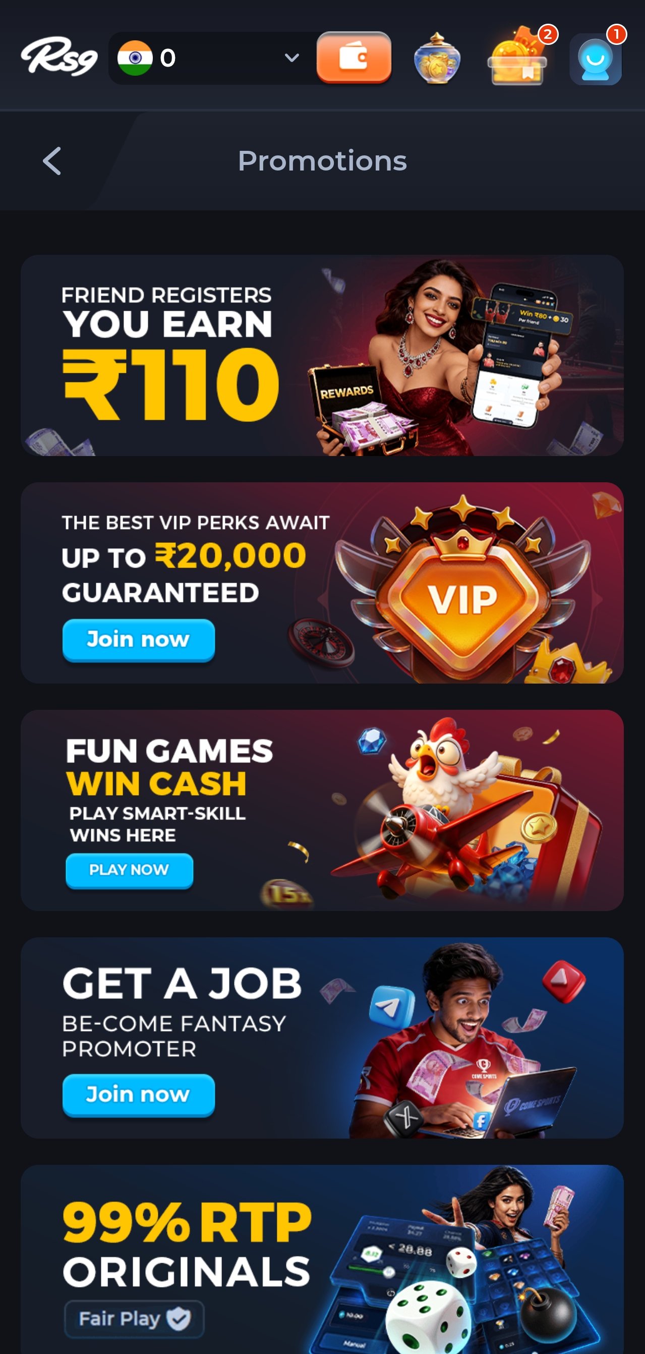 rs9 app promotions screen listing referral, VIP and cashback offers